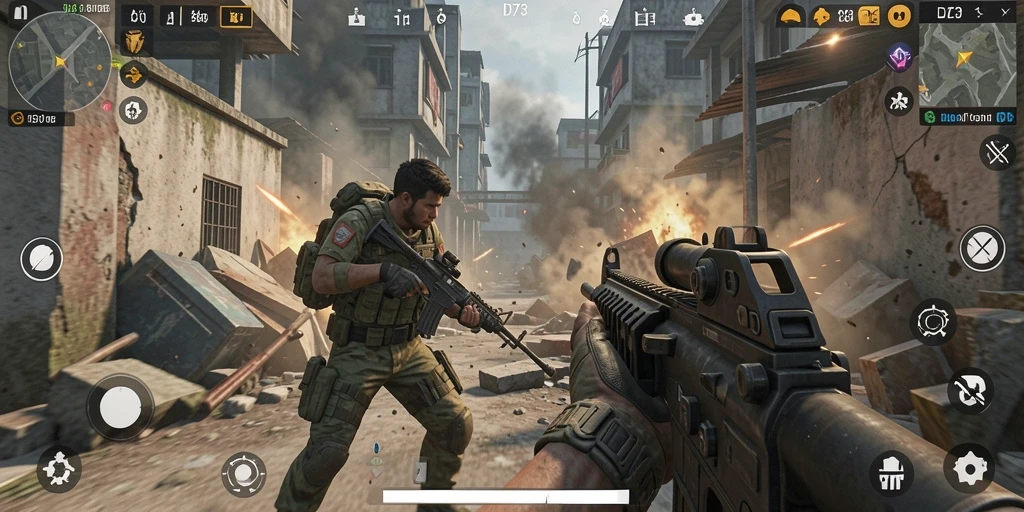 Screenshot gameplay D73 yang menunjukkan aksi mendebarkan dalam FPS.