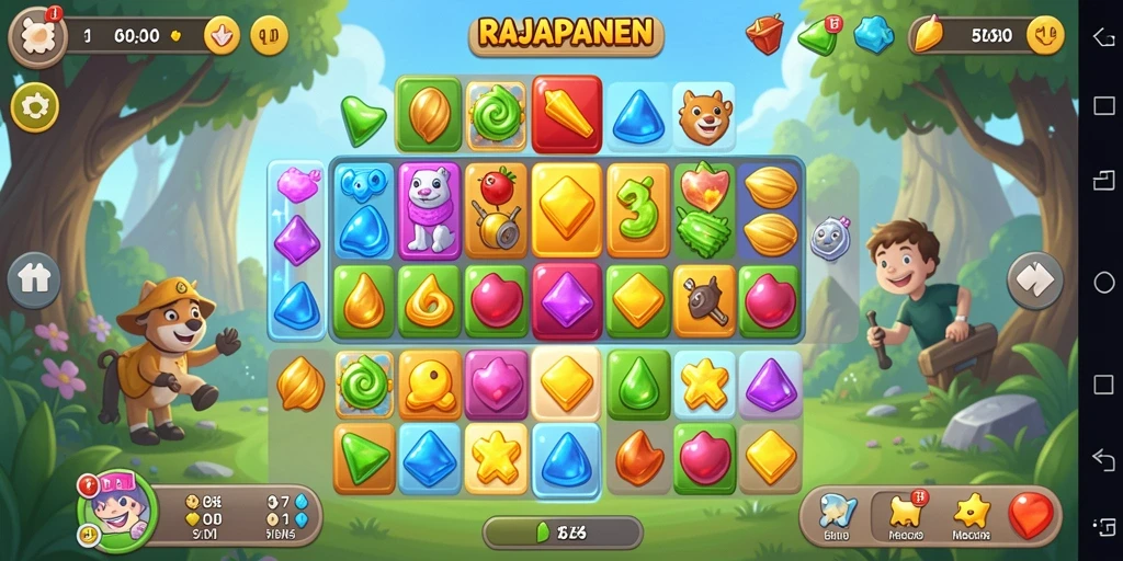 Screenshot gameplay RAJAPANEN menampilkan level Match-3 yang penuh warna.
